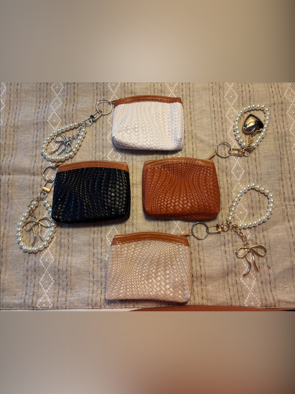 Woven Mini Coin Purse Keychain - Black, Tan, Cream- Never Used